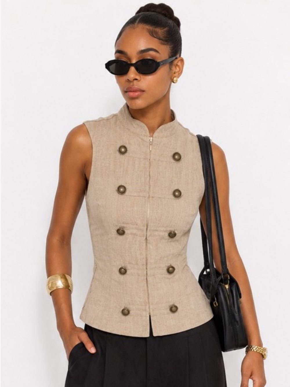 Sleeveless Double-Breasted Beige Military-Inspired Vest